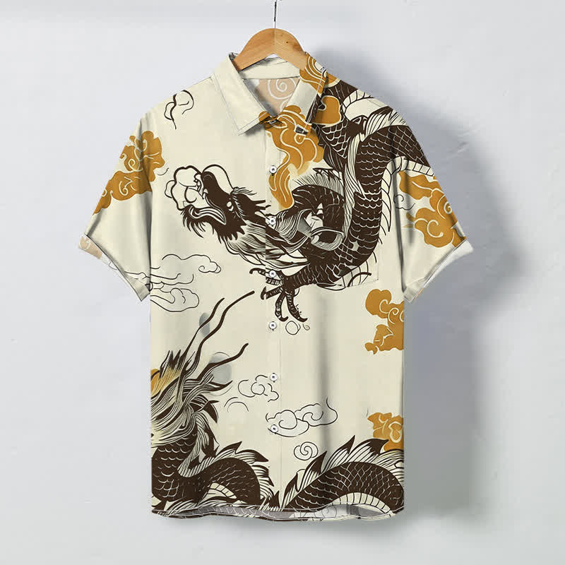 Buddha Stones Camicia da uomo a maniche corte con bottoni, motivo drago orientale e nuvole, resistente alle pieghe. - Seta di mais - US/UK/AU48, EU58 (4XL) - image 0