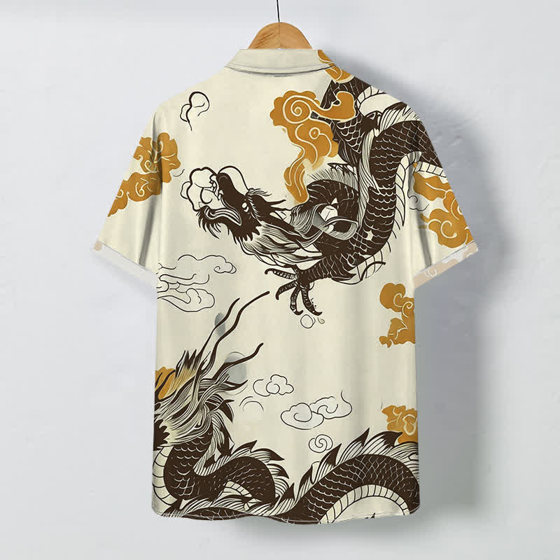 Buddha Stones Camicia da uomo a maniche corte con bottoni, motivo drago orientale e nuvole, resistente alle pieghe. - image 1