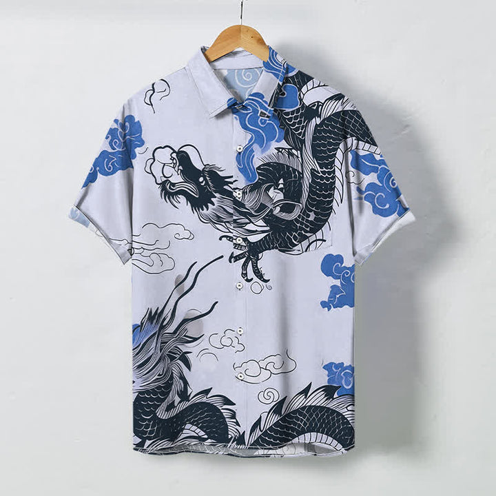Buddha Stones Camicia da uomo a maniche corte con bottoni, motivo drago orientale e nuvole, resistente alle pieghe. - Blu acciaio chiaro - US/UK/AU48, EU58 (4XL) - image 3