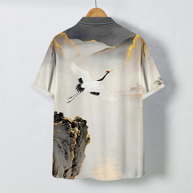 Buddha Stones Camicia da uomo a maniche corte con bottoni a fantasia "Ink Crane Mountain" e tessuto antipiega. - image 1