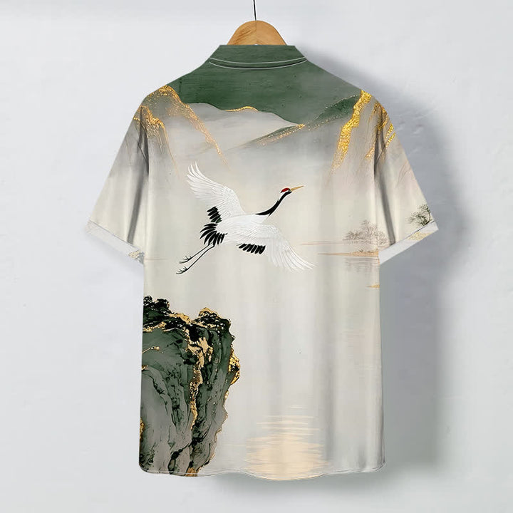Buddha Stones Camicia da uomo a maniche corte con bottoni a fantasia "Ink Crane Mountain" e tessuto antipiega. - image 4