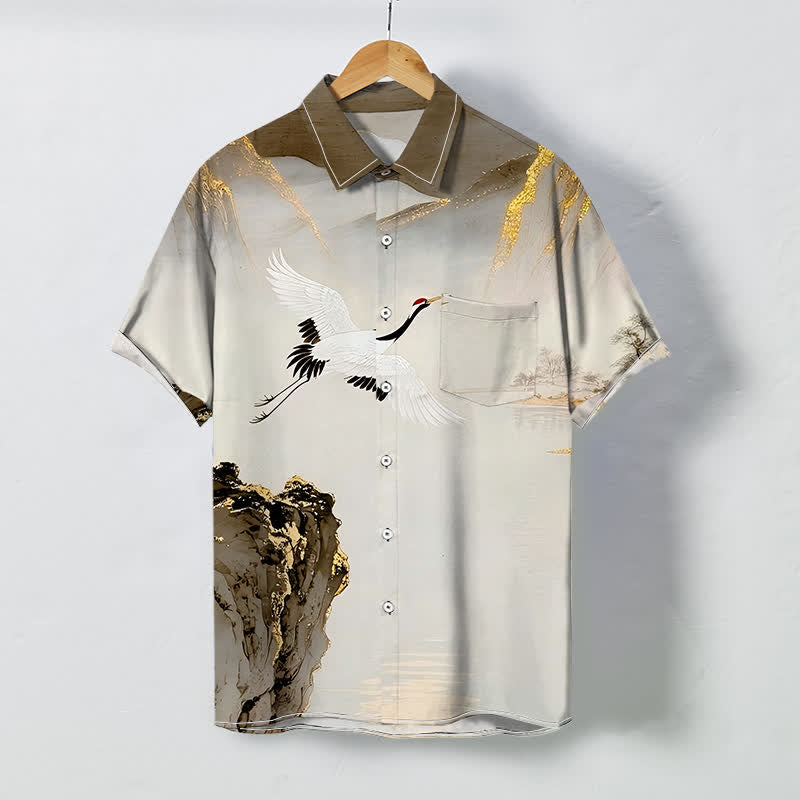 Buddha Stones Camicia da uomo a maniche corte con bottoni a fantasia "Ink Crane Mountain" e tessuto antipiega. - Siena - US/UK/AU48, EU58 (4XL) - image 6