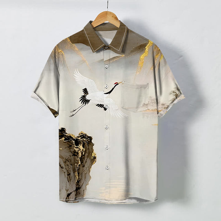 Buddha Stones Camicia da uomo a maniche corte con bottoni a fantasia "Ink Crane Mountain" e tessuto antipiega. - Siena - US/UK/AU48, EU58 (4XL) - image 6