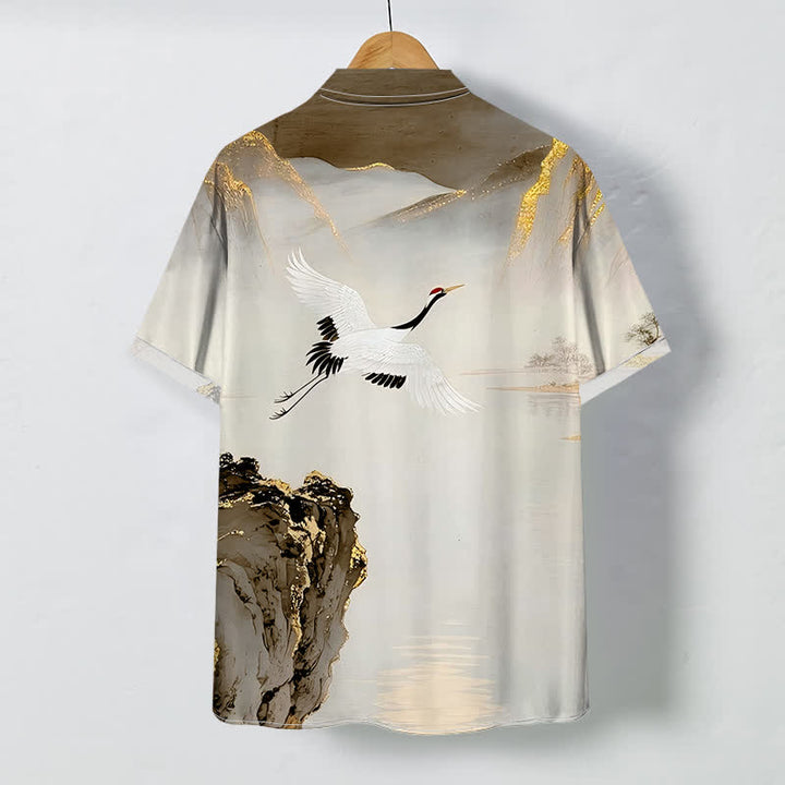 Buddha Stones Camicia da uomo a maniche corte con bottoni a fantasia "Ink Crane Mountain" e tessuto antipiega. - image 7