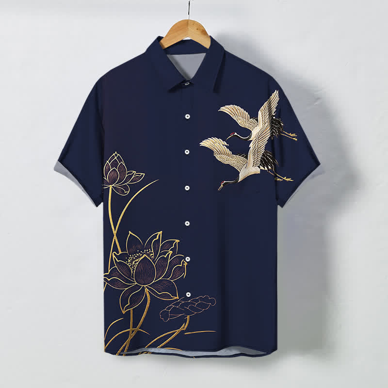 Buddha Stones Camicia da uomo a maniche corte traspirante con bottoni a fantasia loto e gru. - Marina - US/UK/AU48, EU58 (4XL) - image 5