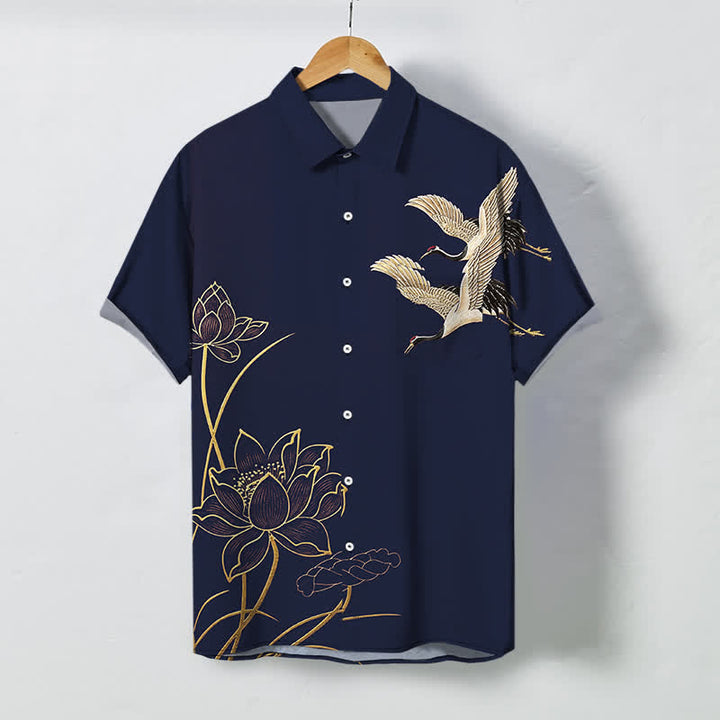 Buddha Stones Camicia da uomo a maniche corte traspirante con bottoni a fantasia loto e gru. - Marina - US/UK/AU48, EU58 (4XL) - image 5
