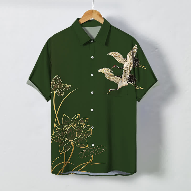 Buddha Stones Camicia da uomo a maniche corte traspirante con bottoni a fantasia loto e gru. - Verde studentesco - US/UK/AU48, EU58 (4XL) - image 10