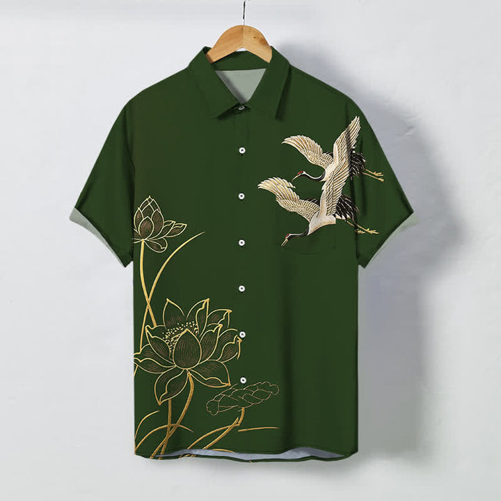 Buddha Stones Camicia da uomo a maniche corte traspirante con bottoni a fantasia loto e gru. - Verde studentesco - US/UK/AU48, EU58 (4XL) - image 10
