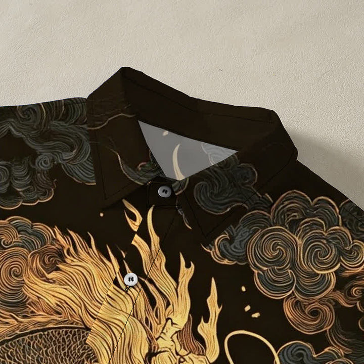 Buddha Stones Camicia da uomo a maniche corte con bottoni a fantasia drago dorato e nuvole, resistente alle pieghe. - image 2