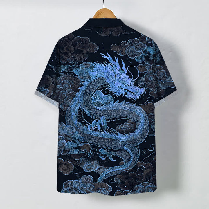Buddha Stones Camicia da uomo a maniche corte con bottoni a fantasia drago dorato e nuvole, resistente alle pieghe. - image 11