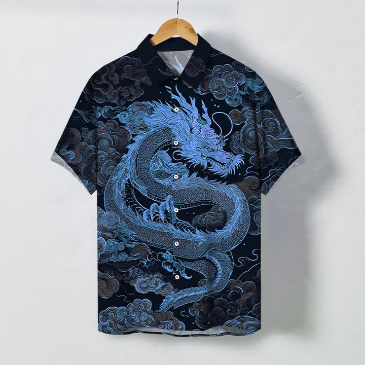 Buddha Stones Camicia da uomo a maniche corte con bottoni a fantasia drago dorato e nuvole, resistente alle pieghe. - Marina - US/UK/AU48, EU58 (4XL) - image 10
