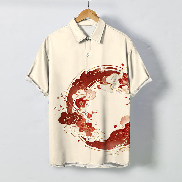 Buddha Stones Camicia da uomo a maniche corte traspirante con motivo floreale orientale, fiori di loto, pesco e nuvole, bottoni. - Avorio - US/UK/AU48, EU58 (4XL) - image 0