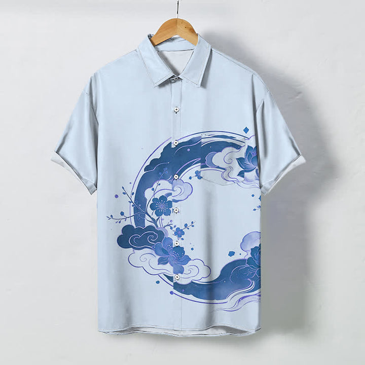 Buddha Stones Camicia da uomo a maniche corte traspirante con motivo floreale orientale, fiori di loto, pesco e nuvole, bottoni. - Azzurro chiaro - US/UK/AU48, EU58 (4XL) - image 3