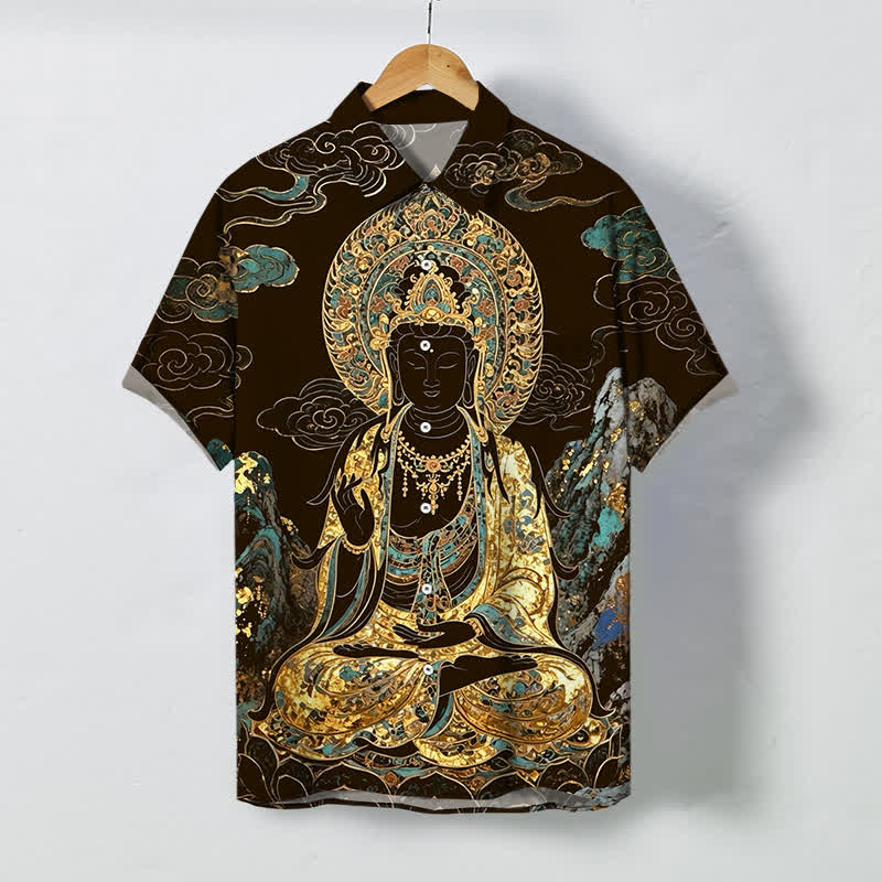 Buddha Stones Camicia da uomo a maniche corte con bottoni a forma di nuvola e motivo Buddha dorato, resistente alle pieghe. - Marrone sella - US/UK/AU48, EU58 (4XL) - image 0