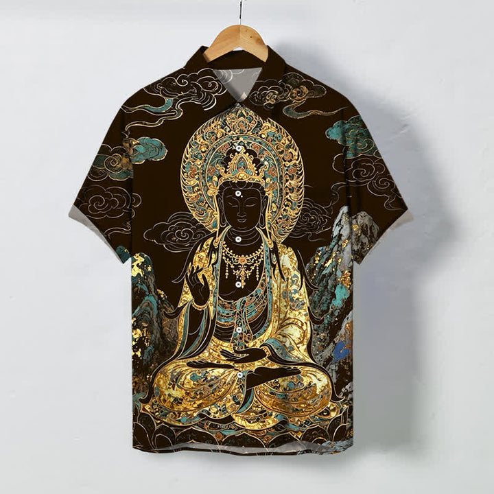 Buddha Stones Camicia da uomo a maniche corte con bottoni a forma di nuvola e motivo Buddha dorato, resistente alle pieghe. - Marrone sella - US/UK/AU48, EU58 (4XL) - image 0