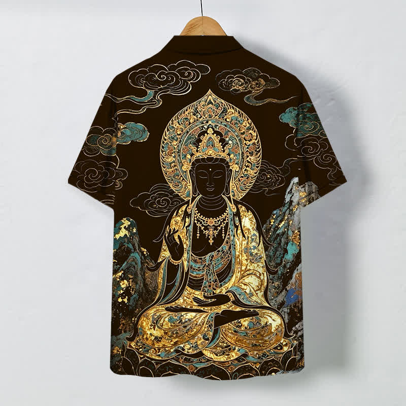 Buddha Stones Camicia da uomo a maniche corte con bottoni a forma di nuvola e motivo Buddha dorato, resistente alle pieghe. - image 1