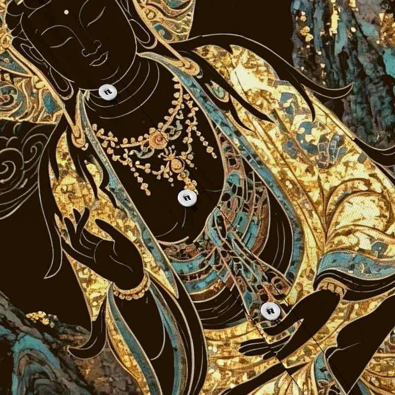 Buddha Stones Camicia da uomo a maniche corte con bottoni a forma di nuvola e motivo Buddha dorato, resistente alle pieghe. - image 3