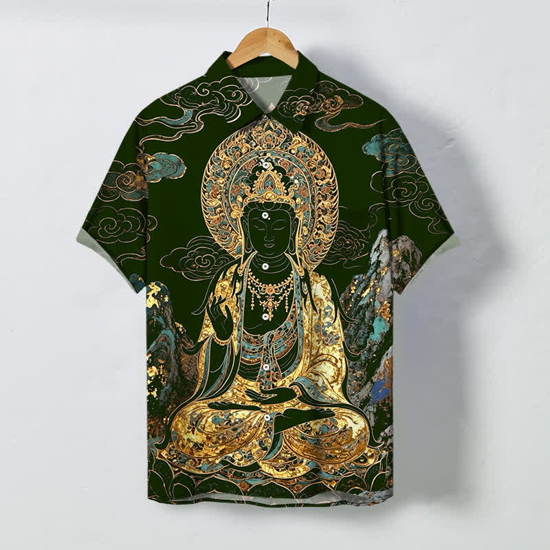 Buddha Stones Camicia da uomo a maniche corte con bottoni a forma di nuvola e motivo Buddha dorato, resistente alle pieghe. - Verde scuro - US/UK/AU48, EU58 (4XL) - image 5
