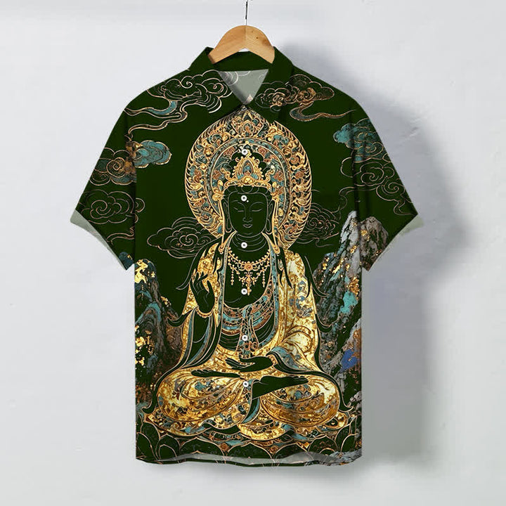 Buddha Stones Camicia da uomo a maniche corte con bottoni a forma di nuvola e motivo Buddha dorato, resistente alle pieghe. - Verde scuro - US/UK/AU48, EU58 (4XL) - image 5