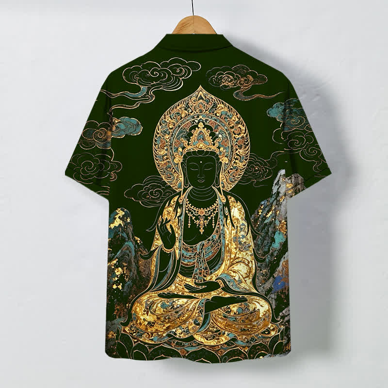 Buddha Stones Camicia da uomo a maniche corte con bottoni a forma di nuvola e motivo Buddha dorato, resistente alle pieghe. - image 6