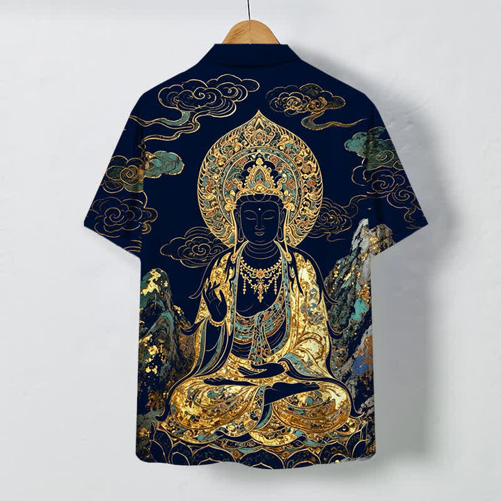 Buddha Stones Camicia da uomo a maniche corte con bottoni a forma di nuvola e motivo Buddha dorato, resistente alle pieghe. - image 11