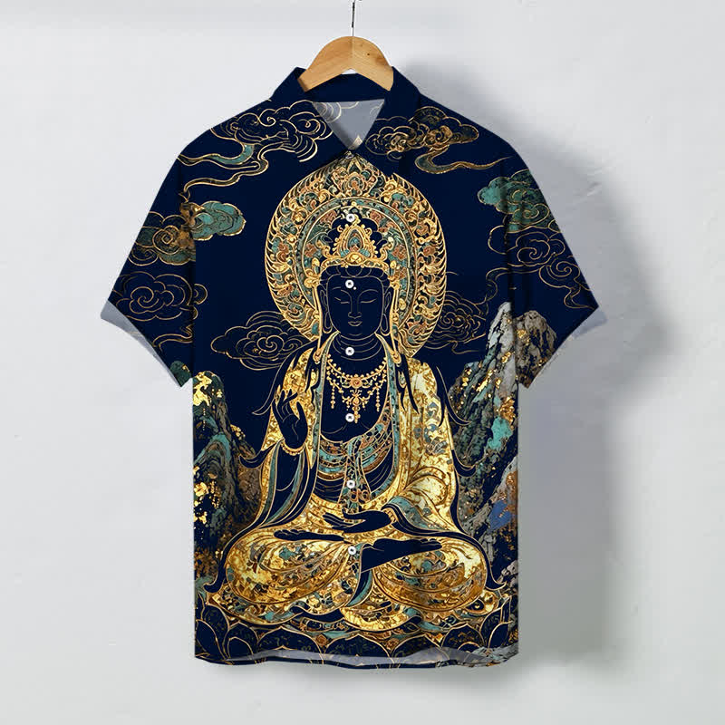 Buddha Stones Camicia da uomo a maniche corte con bottoni a forma di nuvola e motivo Buddha dorato, resistente alle pieghe. - Blu mezzanotte - US/UK/AU48, EU58 (4XL) - image 10