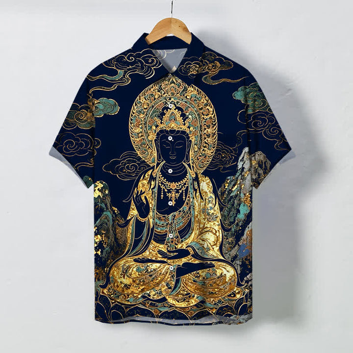 Buddha Stones Camicia da uomo a maniche corte con bottoni a forma di nuvola e motivo Buddha dorato, resistente alle pieghe. - Blu mezzanotte - US/UK/AU48, EU58 (4XL) - image 10