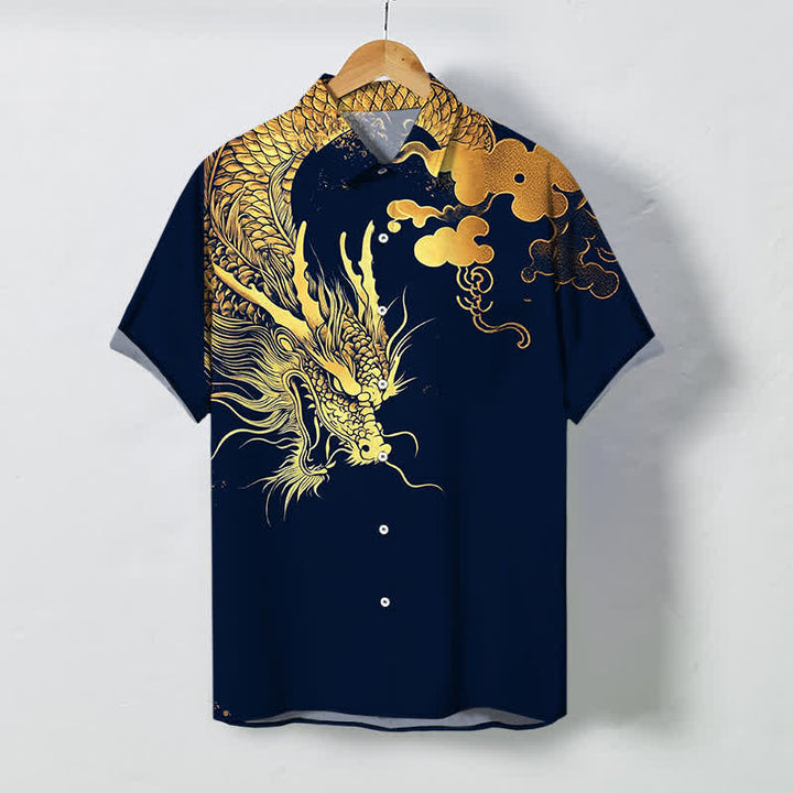 Buddha Stones Camicia da uomo a maniche corte con bottoni a fantasia drago dorato e nuvole, resistente alle pieghe. - Marina - US/UK/AU48, EU58 (4XL) - image 0
