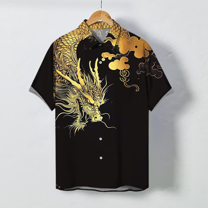 Buddha Stones Camicia da uomo a maniche corte con bottoni a fantasia drago dorato e nuvole, resistente alle pieghe. - Nero - US/UK/AU48, EU58 (4XL) - image 5