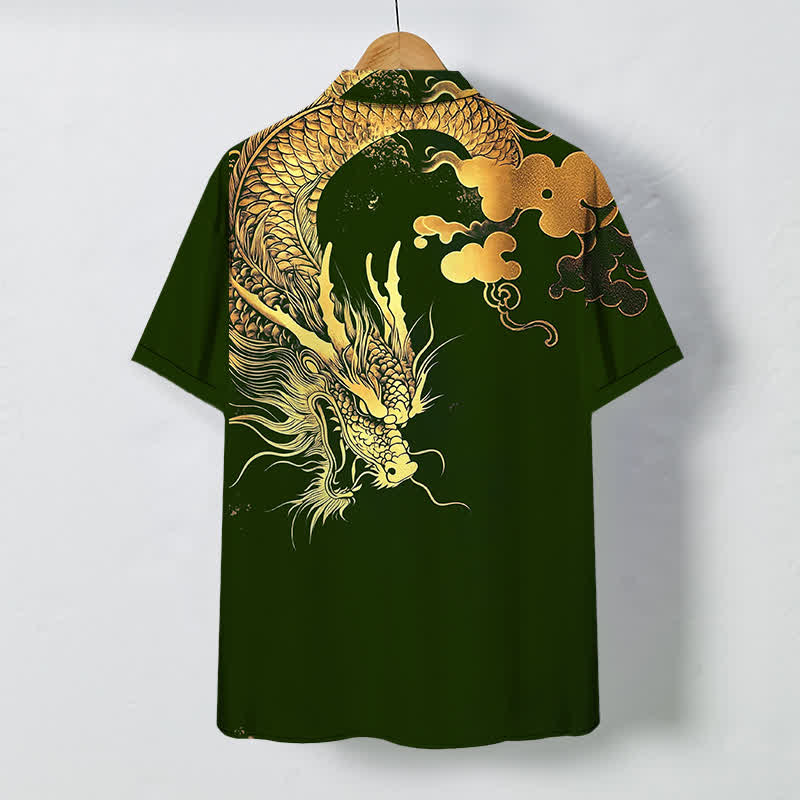 Buddha Stones Camicia da uomo a maniche corte con bottoni a fantasia drago dorato e nuvole, resistente alle pieghe. - image 11