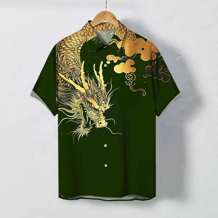 Buddha Stones Camicia da uomo a maniche corte con bottoni a fantasia drago dorato e nuvole, resistente alle pieghe. - Verde scuro - US/UK/AU48, EU58 (4XL) - image 10