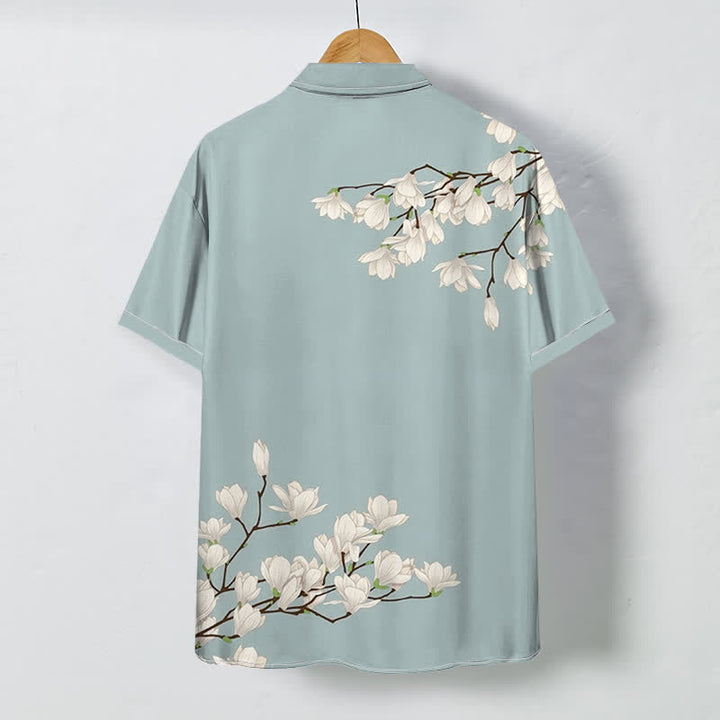 Buddha Stones Camicia da uomo a maniche corte con bottoni a fantasia floreale di magnolia bianca, resistente alle pieghe. - image 1