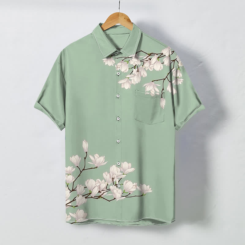 Buddha Stones Camicia da uomo a maniche corte con bottoni a fantasia floreale di magnolia bianca, resistente alle pieghe. - Verde chiaro - US/UK/AU48, EU58 (4XL) - image 3