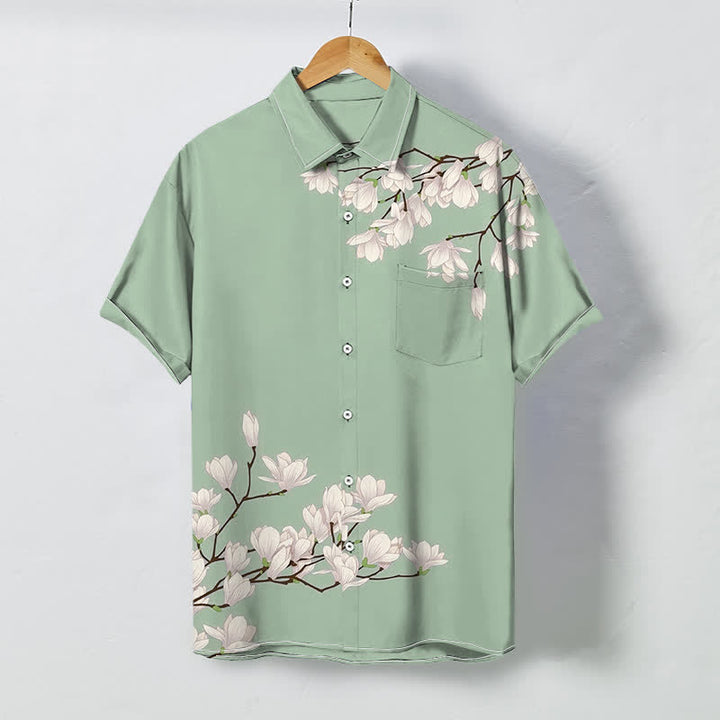 Buddha Stones Camicia da uomo a maniche corte con bottoni a fantasia floreale di magnolia bianca, resistente alle pieghe. - Verde chiaro - US/UK/AU48, EU58 (4XL) - image 3
