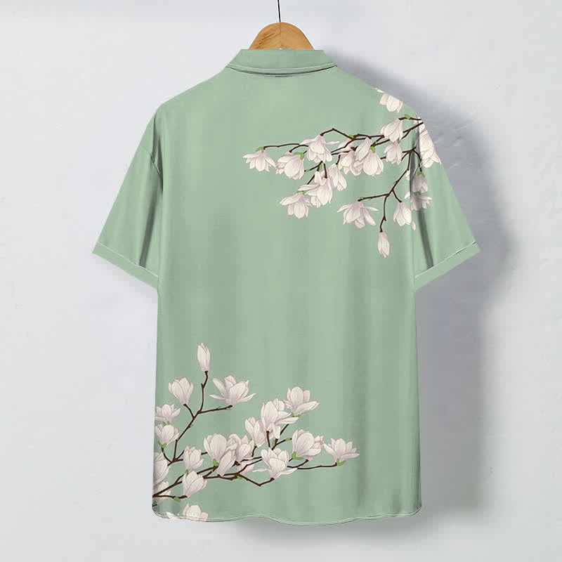 Buddha Stones Camicia da uomo a maniche corte con bottoni a fantasia floreale di magnolia bianca, resistente alle pieghe. - image 4
