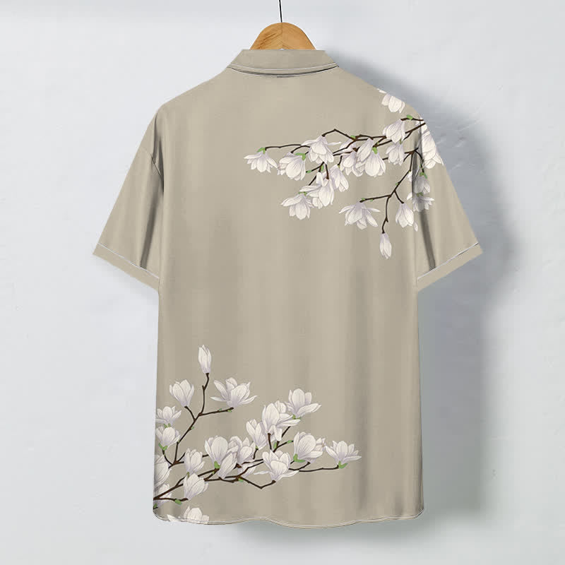 Buddha Stones Camicia da uomo a maniche corte con bottoni a fantasia floreale di magnolia bianca, resistente alle pieghe. - image 7