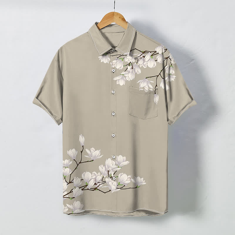 Buddha Stones Camicia da uomo a maniche corte con bottoni a fantasia floreale di magnolia bianca, resistente alle pieghe. - Legno robusto - US/UK/AU48, EU58 (4XL) - image 6