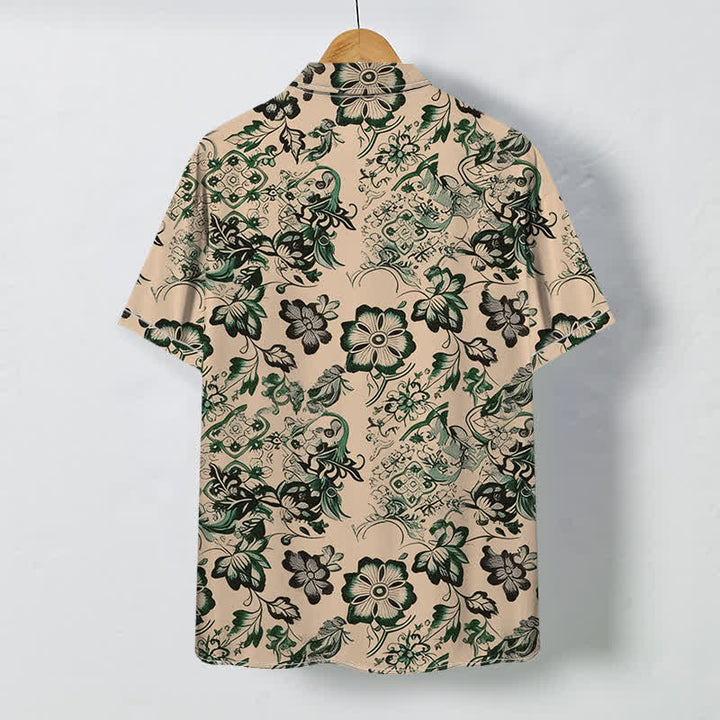 Buddha Stones Camicia da uomo a maniche corte con bottoni a fantasia floreale tropicale e motivo a foglie, resistente alle pieghe. - image 1