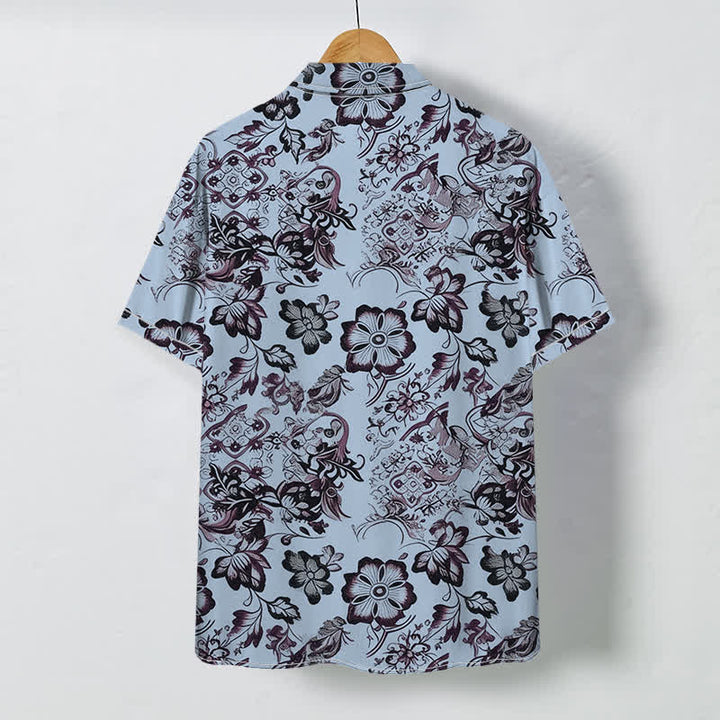 Buddha Stones Camicia da uomo a maniche corte con bottoni a fantasia floreale tropicale e motivo a foglie, resistente alle pieghe. - image 4