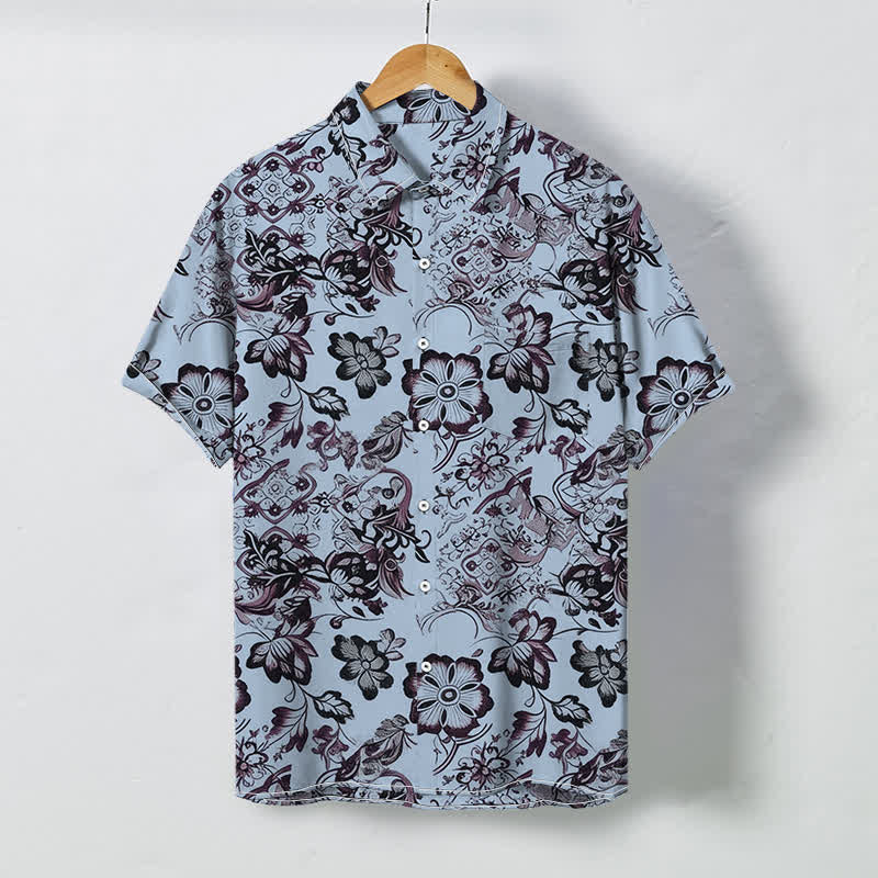 Buddha Stones Camicia da uomo a maniche corte con bottoni a fantasia floreale tropicale e motivo a foglie, resistente alle pieghe. - Azzurro chiaro - US/UK/AU48, EU58 (4XL) - image 3