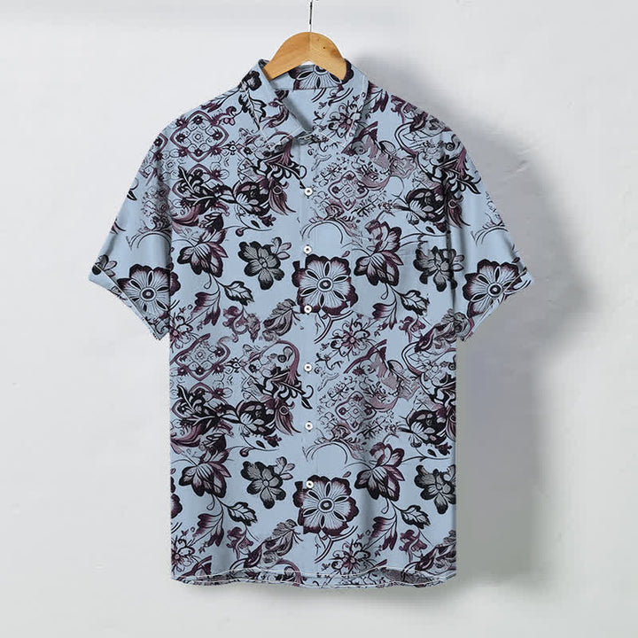 Buddha Stones Camicia da uomo a maniche corte con bottoni a fantasia floreale tropicale e motivo a foglie, resistente alle pieghe. - Azzurro chiaro - US/UK/AU48, EU58 (4XL) - image 3