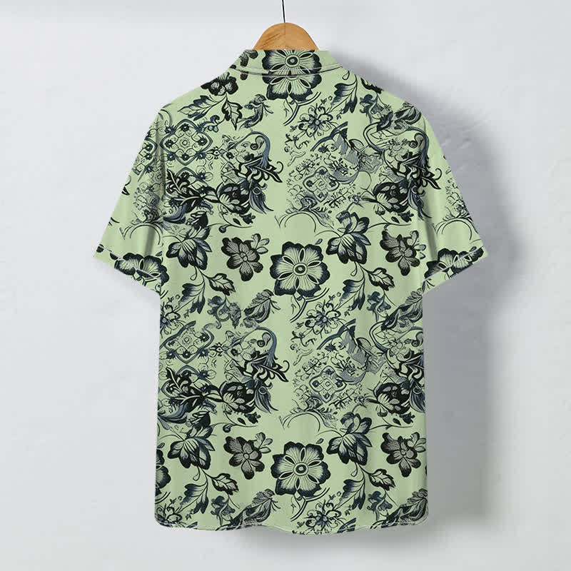 Buddha Stones Camicia da uomo a maniche corte con bottoni a fantasia floreale tropicale e motivo a foglie, resistente alle pieghe. - image 7