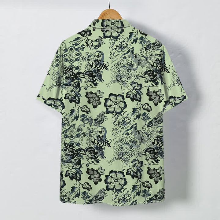 Buddha Stones Camicia da uomo a maniche corte con bottoni a fantasia floreale tropicale e motivo a foglie, resistente alle pieghe. - image 7