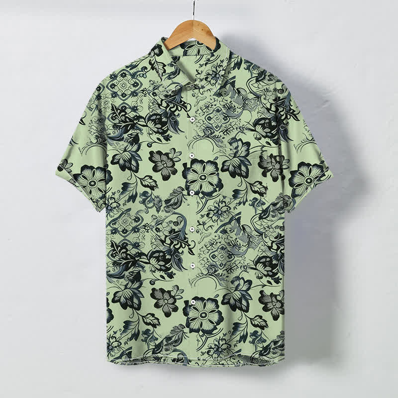 Buddha Stones Camicia da uomo a maniche corte con bottoni a fantasia floreale tropicale e motivo a foglie, resistente alle pieghe. - Verde pallido - US/UK/AU48, EU58 (4XL) - image 6