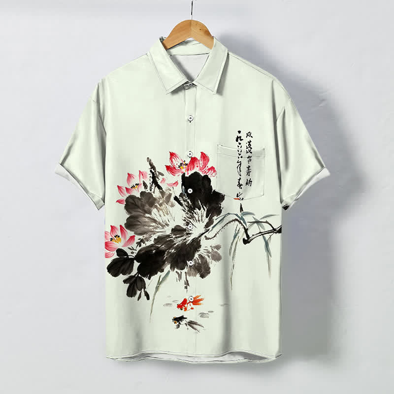 Buddha Stones Camicia da uomo a maniche corte traspirante con bottoni e motivo a pesci koi e loto di inchiostro. - Crema alla menta - US/UK/AU48, EU58 (4XL) - image 3