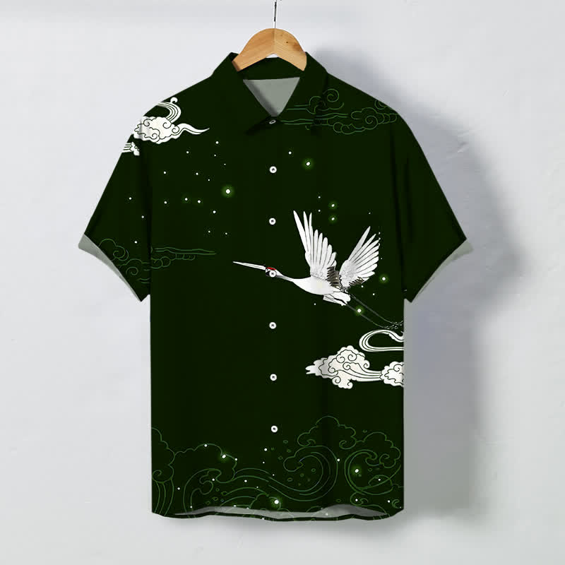 Buddha Stones Camicia da uomo a maniche corte con bottoni, motivo gru volante e nuvole, resistente alle pieghe. - Verde scuro - US/UK/AU48, EU58 (4XL) - image 5