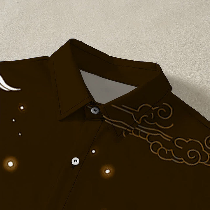 Buddha Stones Camicia da uomo a maniche corte con bottoni, motivo gru volante e nuvole, resistente alle pieghe. - image 12