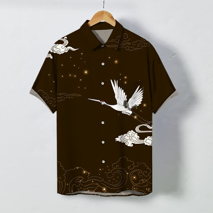 Buddha Stones Camicia da uomo a maniche corte con bottoni, motivo gru volante e nuvole, resistente alle pieghe. - Marrone sella - US/UK/AU48, EU58 (4XL) - image 10