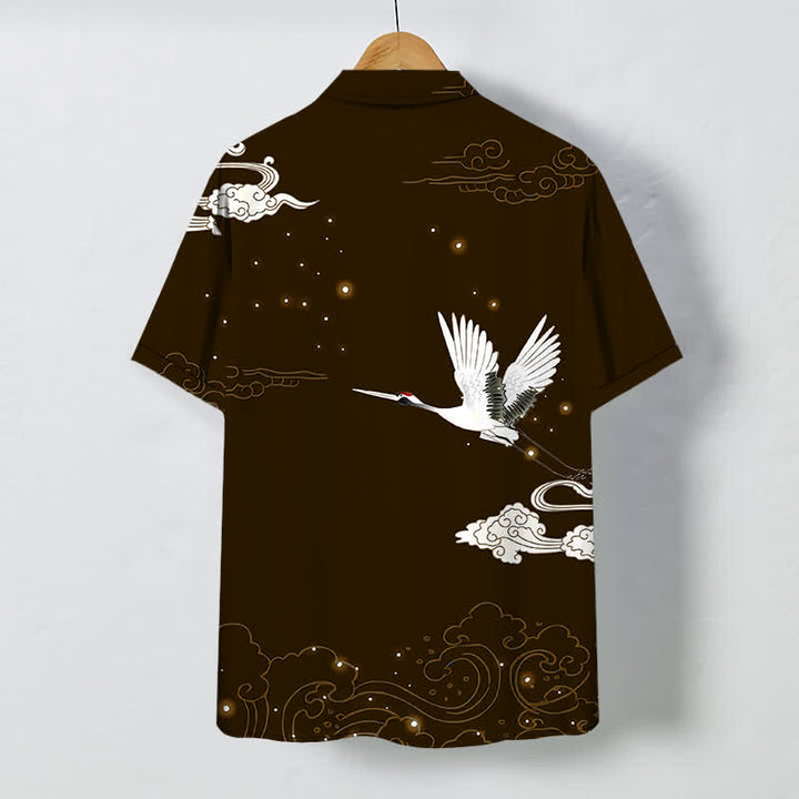 Buddha Stones Camicia da uomo a maniche corte con bottoni, motivo gru volante e nuvole, resistente alle pieghe. - image 11