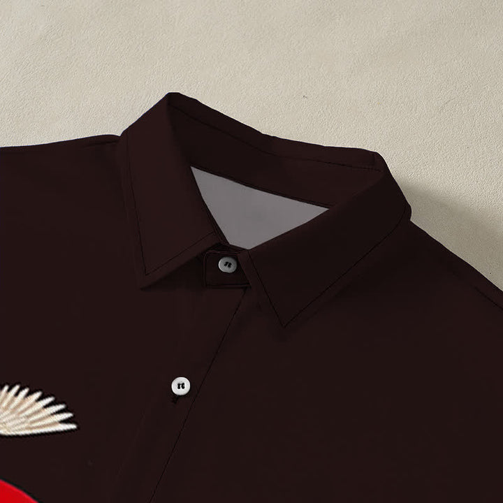 Buddha Stones Camicia da uomo a maniche corte con bottoni a fantasia "Red Sun Crane Pine", resistente alle pieghe. - image 12